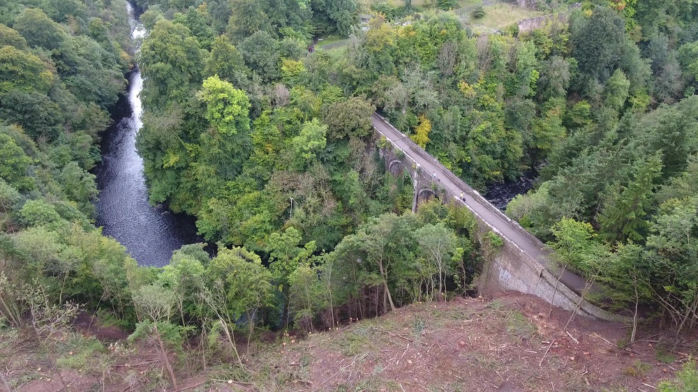 Looking to the Duke's Bridge, Avon Gorge and Cadzow Castle from Chatelherault Visitor Centre, Bjorn Aern, Drone Scotland, www.dronescotland.com