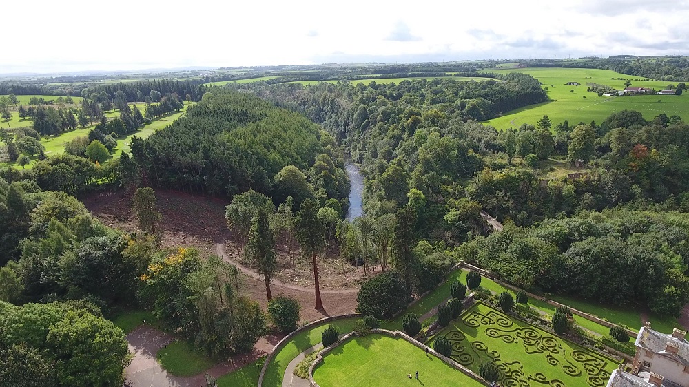 View of the latest phase of woodland management project at Chatelherault Country Park, courtesy of  Bjorn Aern, Drone Scotland, www.dronescotland.com