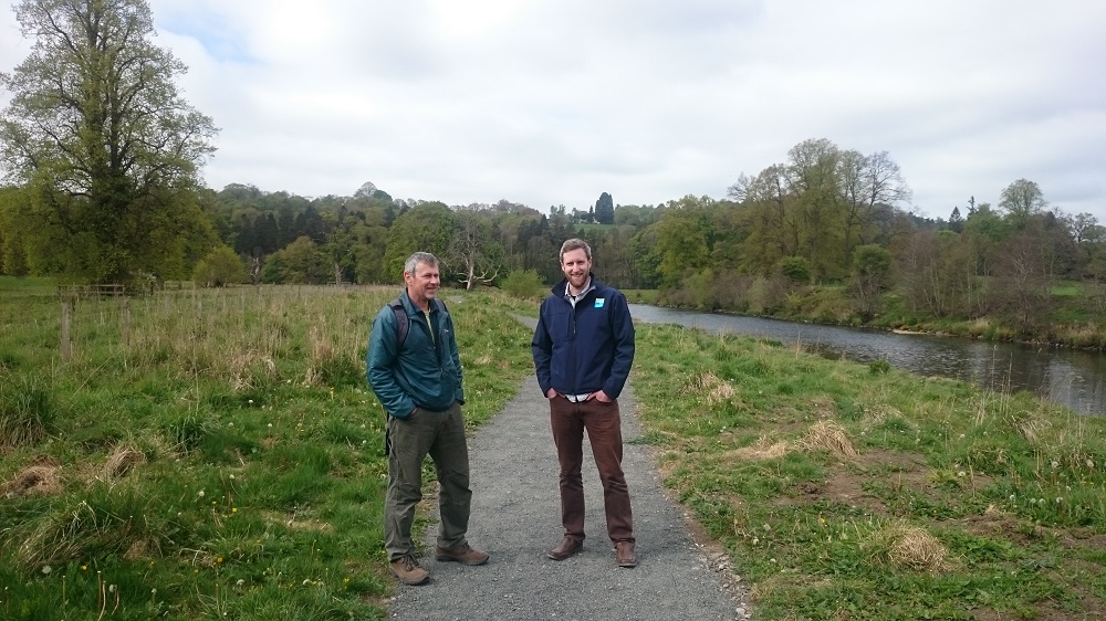 Stuart Davis, Scottish Natural Heritage SNH and Ewan Bachell, Clyde and Avon Valley Landscape Partnership CAVLP, at the restored section of the Clyde Walkway, Mauldslie Woods